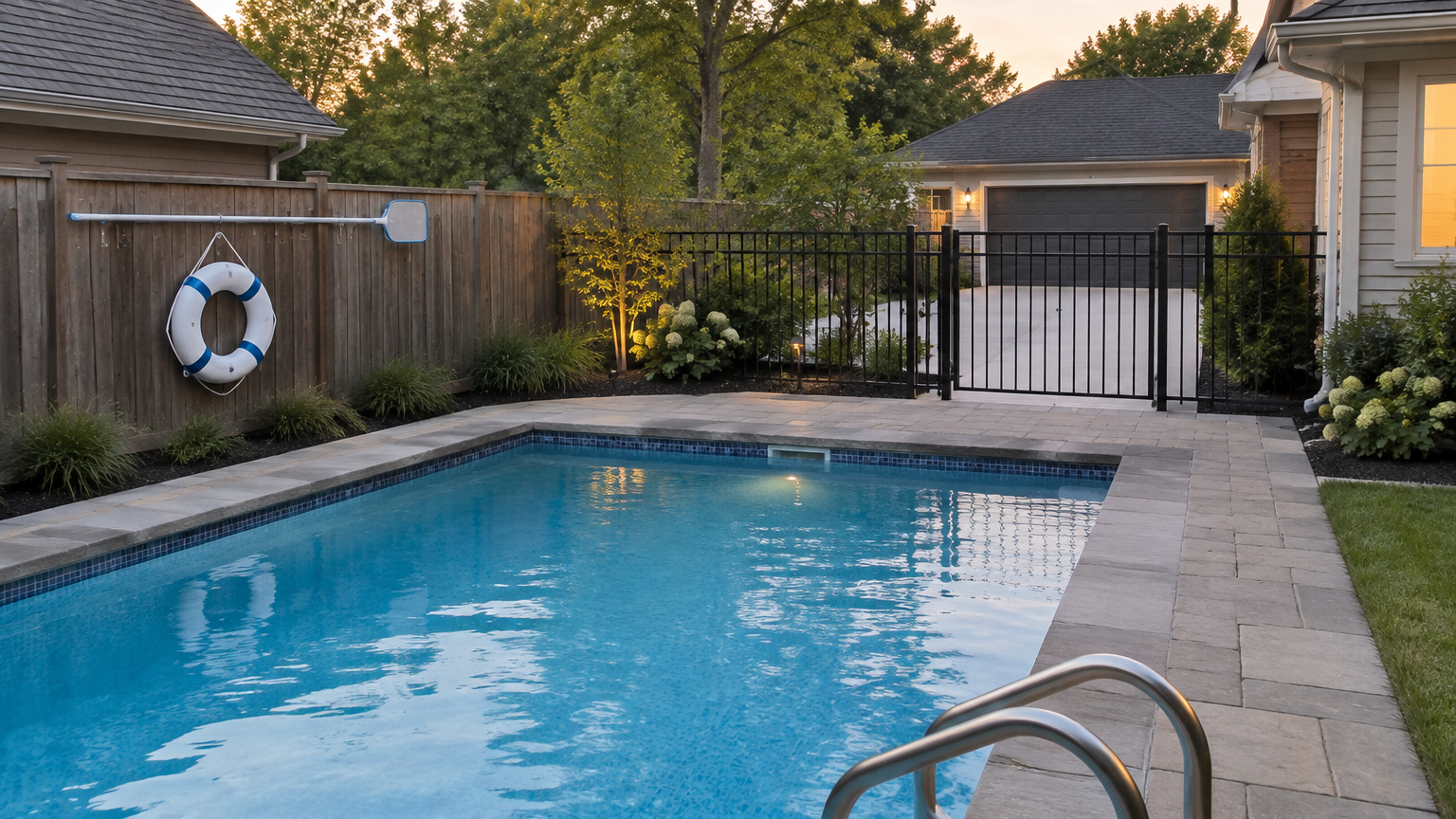 Private pool rental with a visible access route and rescue equipment