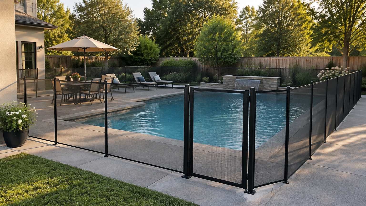 Private backyard pool with a safety fence and closed gate