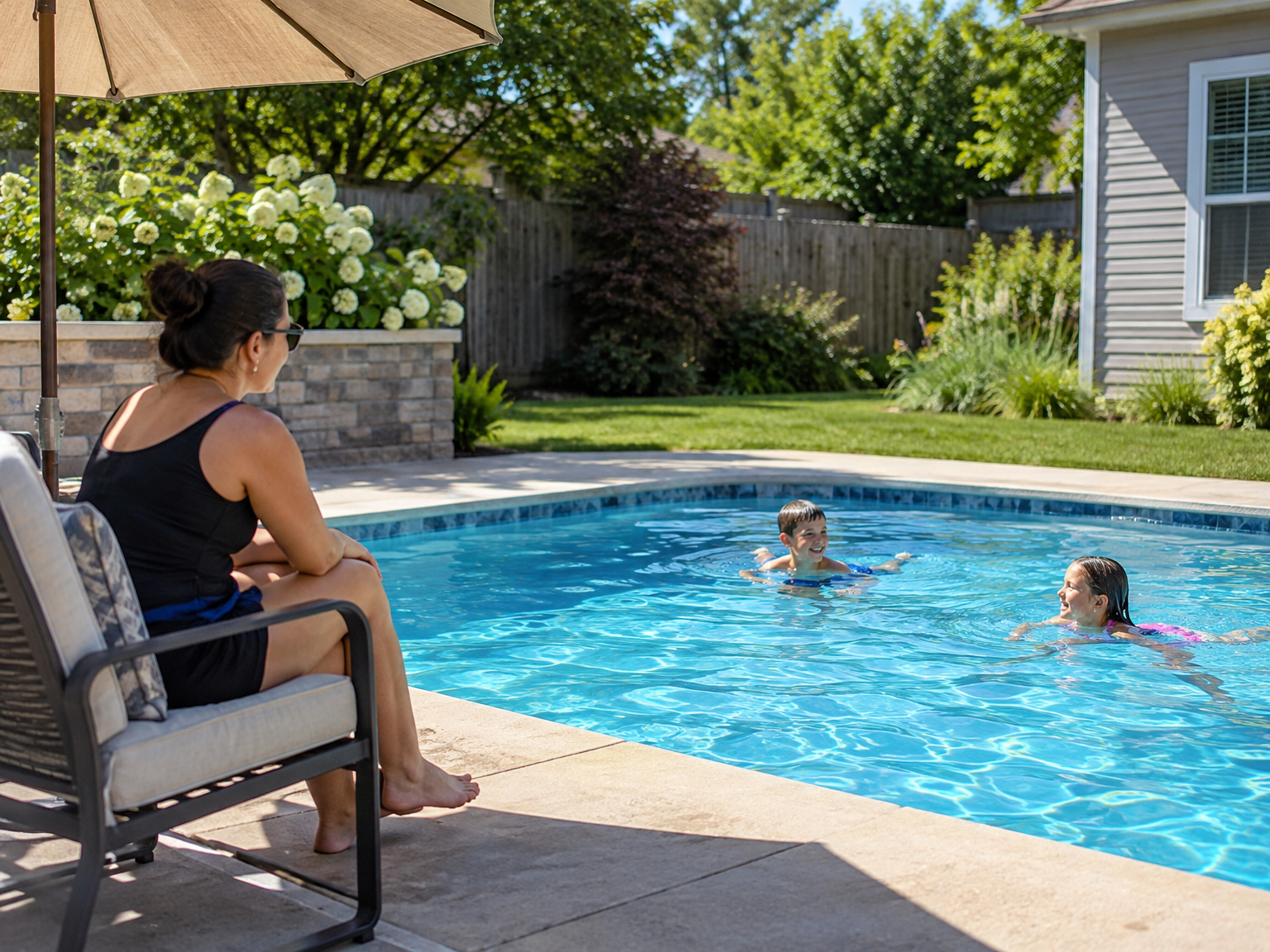 Adult supervising children at a private swimming pool