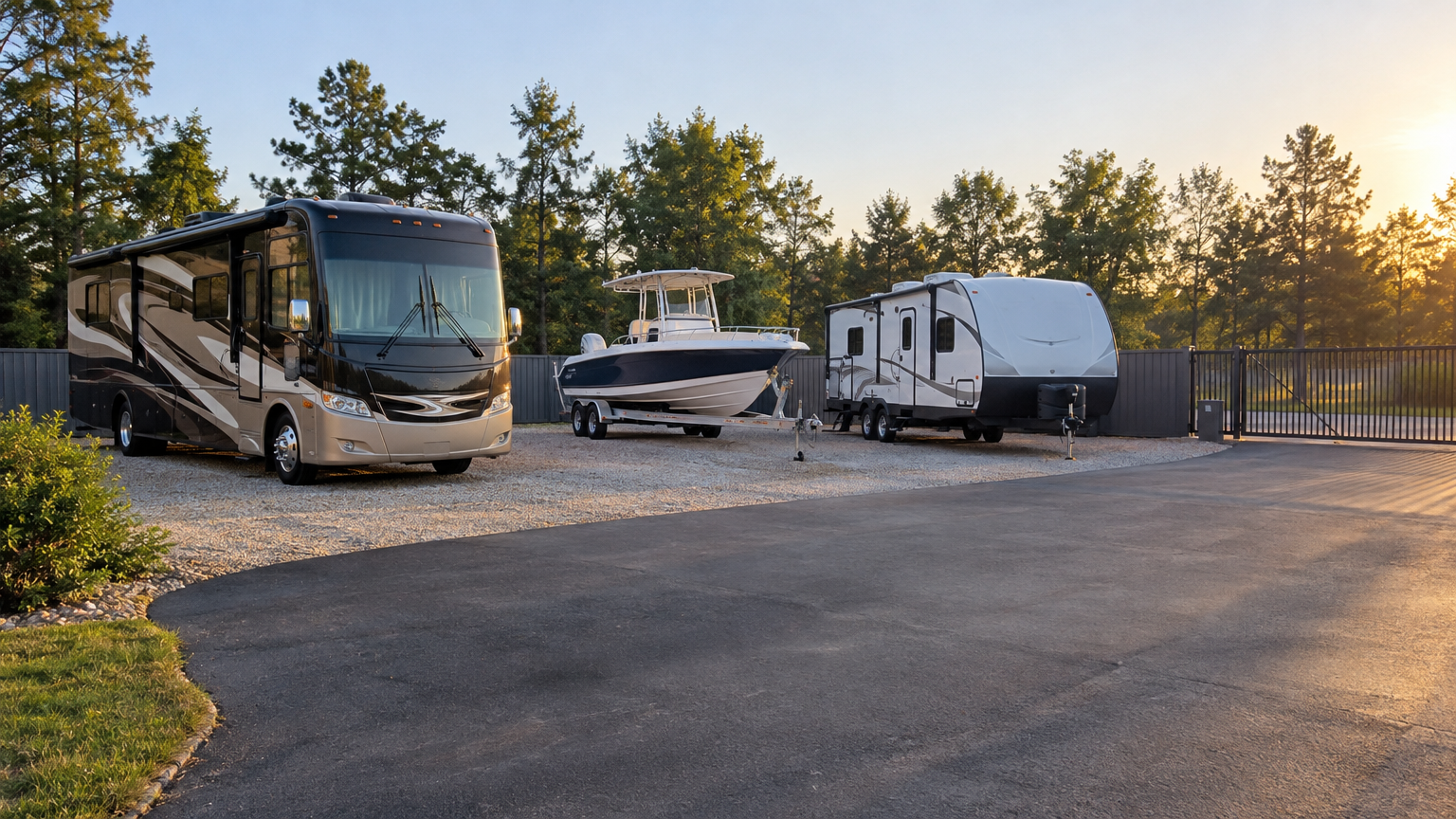 Private lot with separate storage spaces for an RV, boat trailer, and travel trailer