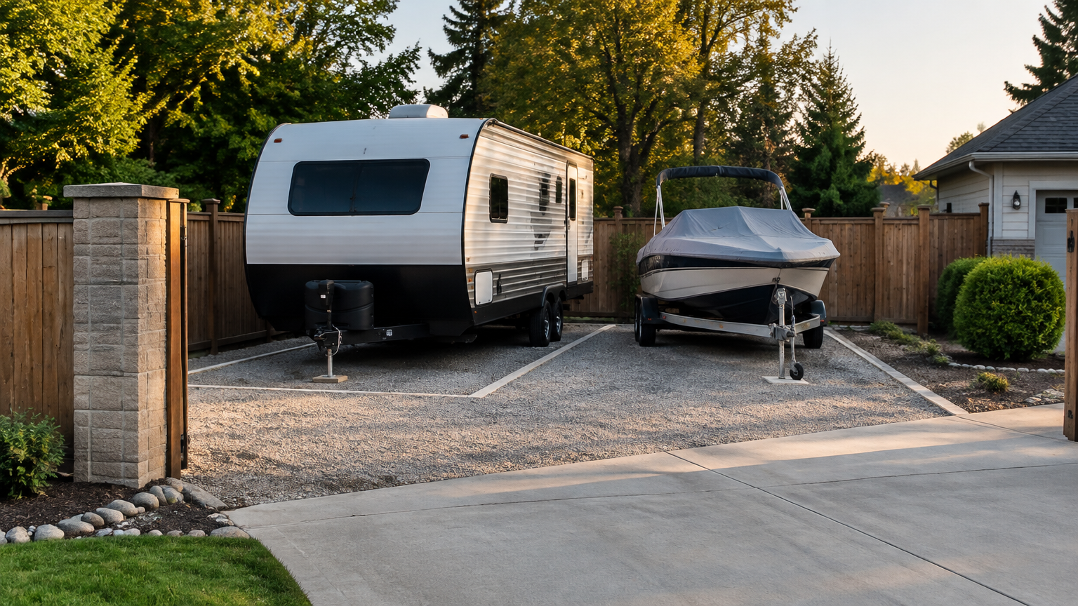 RV and boat stored in separate outdoor spaces on a private lot