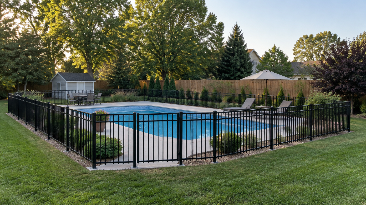 Private backyard pool with a secure perimeter fence and gate