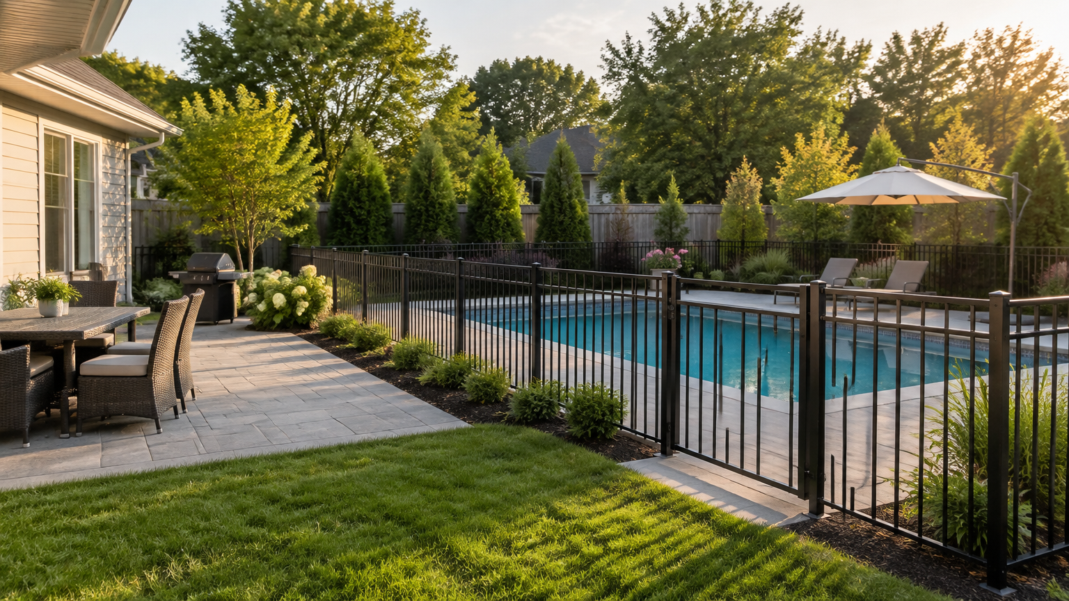 Residential backyard pool with fencing and outdoor space prepared for guest use
